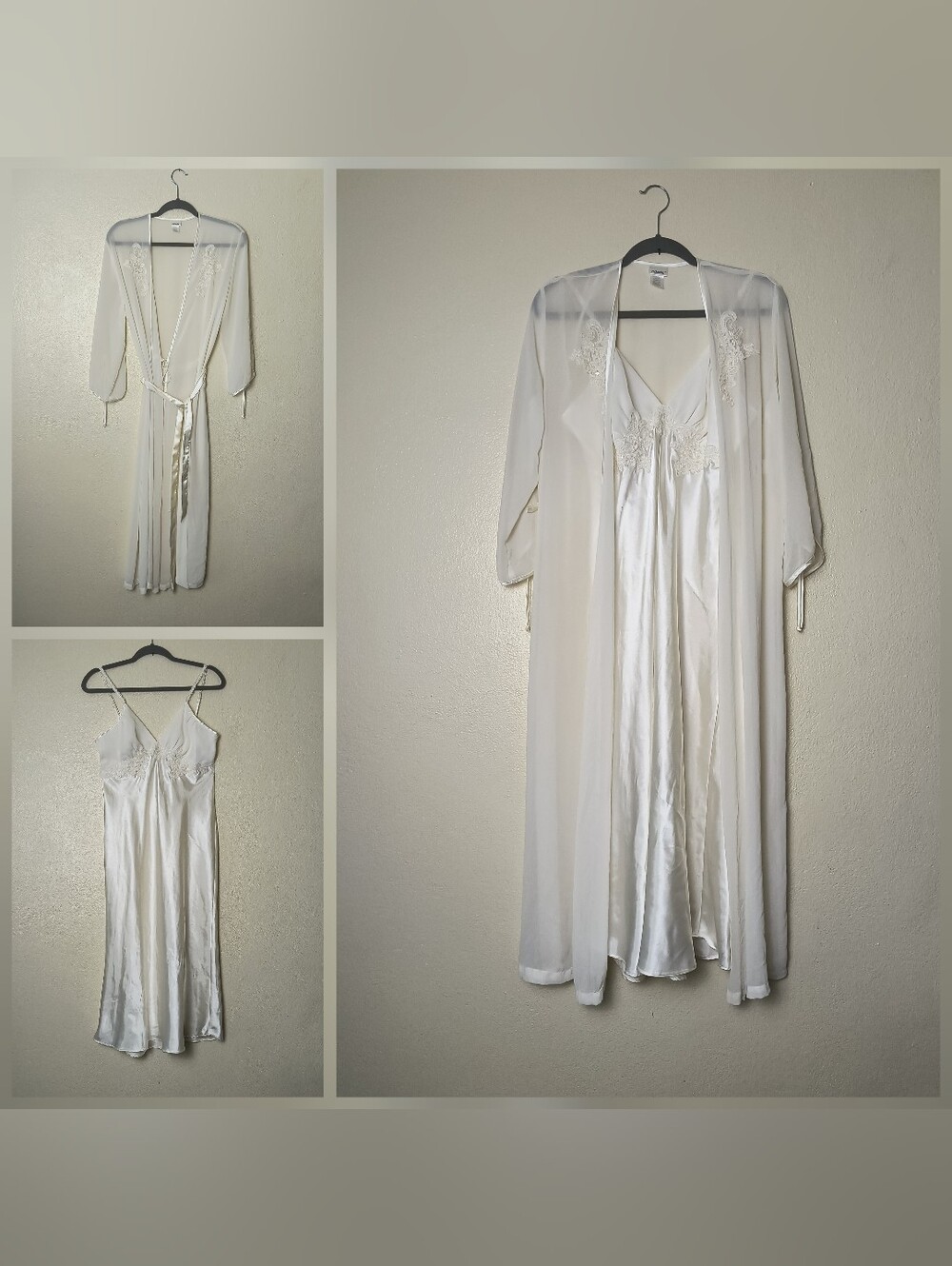Enchanting S Vintage White Satin Chemise and Sheer Robe Set with Lace Trim